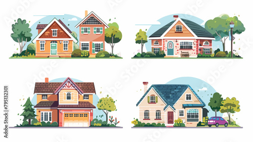 Set of 4 ute houses in flat style illustration