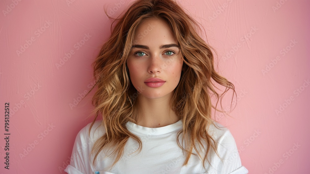 Woman With Long Hair Standing Against Pink Wall Woman With Long Hair Standing Against Pink Wall