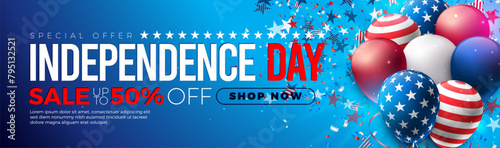 Fourth of July Independence Day Sale Banner Design with Party Balloon and Falling Star Symbols in American Flag Color on Blue Background. USA National Holiday Vector Illustration with Special Offer