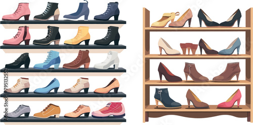 Shelf shoes. Advertising footwear shop collection vector illustration of rack shoes accessories