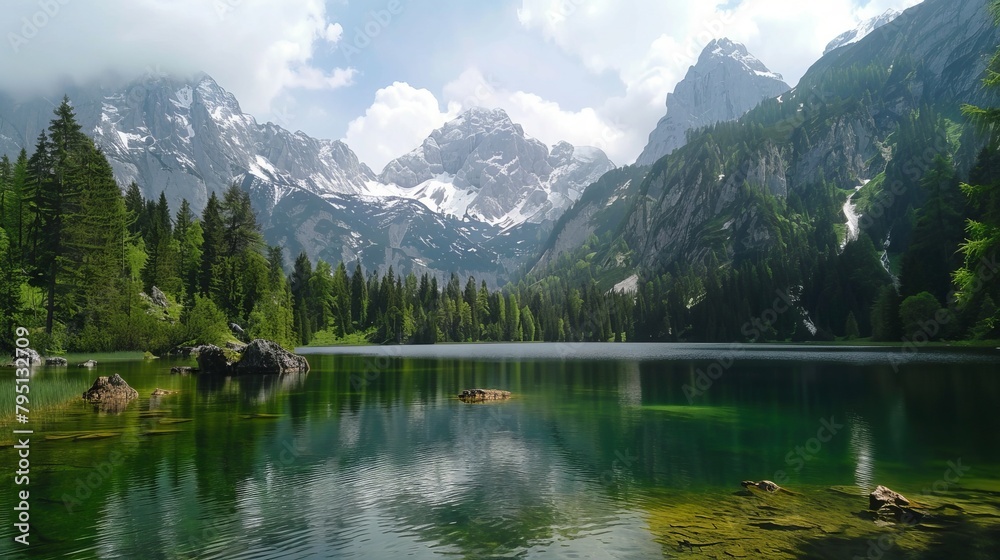 A serene alpine lake surrounded by snow-capped peaks and lush pine forests A serene alpine lake surrounded by snow-capped peaks and lush pine forests