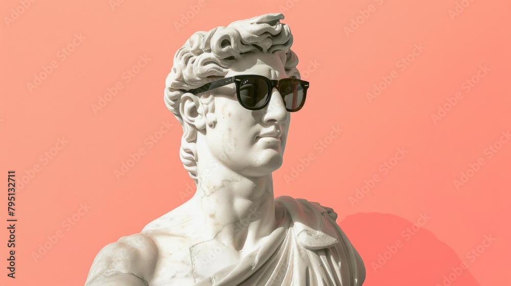 Sculpture of a beauty goddess with fashionable sunglasses on a orange background.