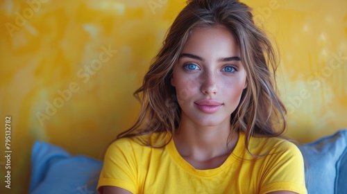 Woman in Yellow Shirt Sitting on Blue Couch