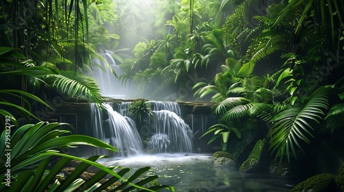 A serene tropical rainforest with lush foliage and cascading waterfalls