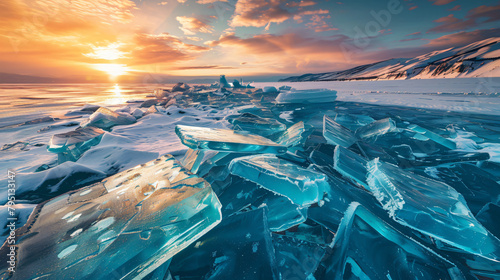 Transparent ice floes on Baikal lake at sunset.  photo