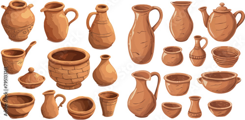 Cartoon clay crockery. Antique ceramico utensils, brown earthenware pot dish vessels cup jug bowl