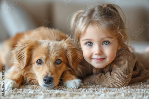 Close interaction with a dog and child, symbolizing pure, affectionate companionship photo