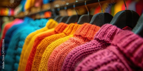 close up colorful bright color sweater on rack at shop, Generative Ai