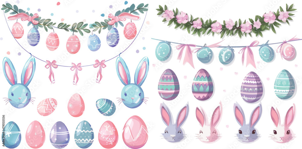 Easter party decoration vector elements. Eggs garland and bunny ears isolated