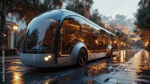 Modern bys in the city at sunset. Urban transport. Transportation concept. 3D illustration. Sustainable energy. Electric vehicle. Green Energy Concept with Copy Space. 