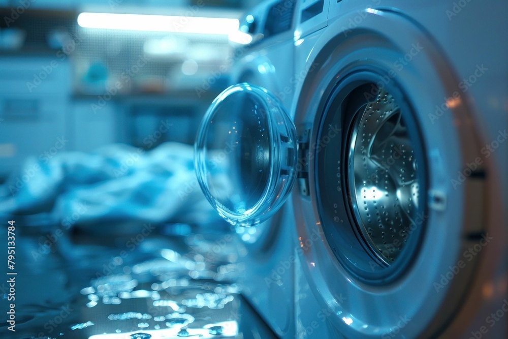 Domestic washing machine malfunction causing flooding in room with