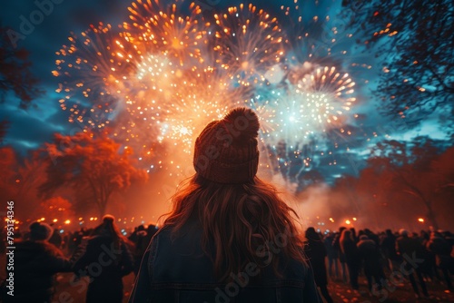 A vibrant fireworks display lighting up the night sky observed by a person from a crowd