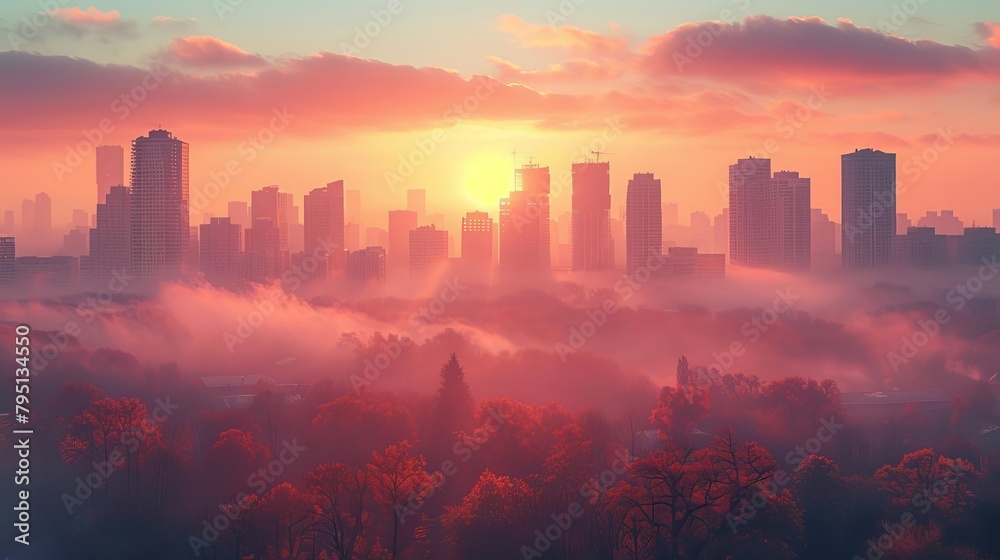 A beautiful painting of a cityscape with a pink sky and a hint of fog in the morning.