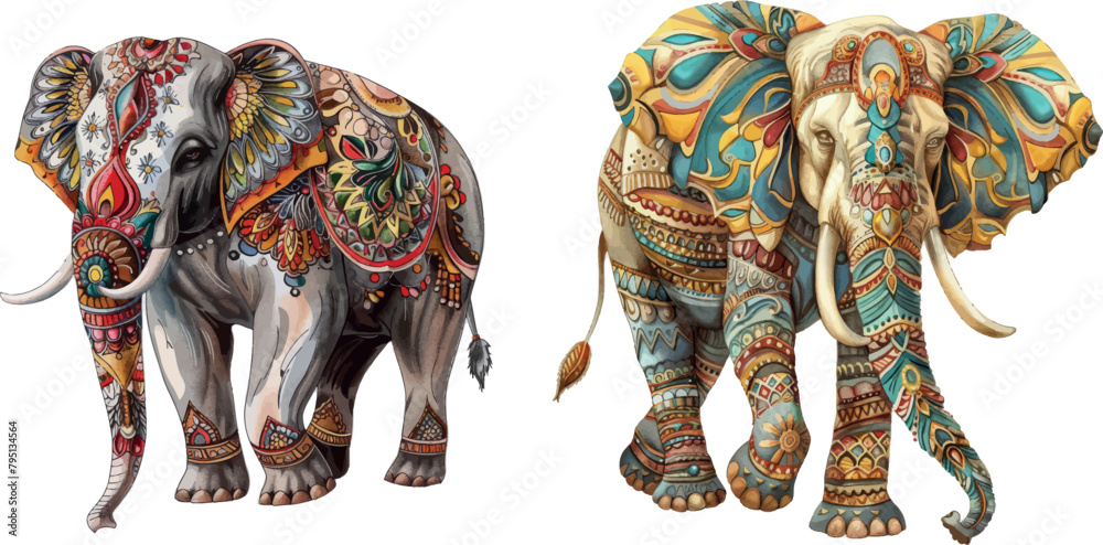 Indian ornate elephant hand drawn colored illistration