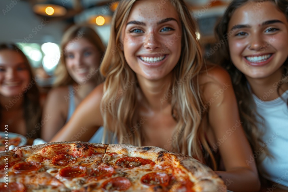A group of friends is captured enjoying a fresh pepperoni pizza together in a cozy restaurant setting