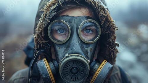 A portrait of a young woman wearing a gas mask in a post-apocalyptic setting