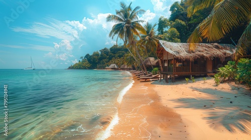 Tropical Beach With Hut and Palm Trees