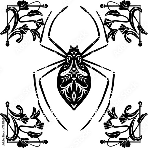Symmetrical black and white tattoo-style illustration featuring a spider and flowers, exuding a bohemian vibe with intricate ornamental details