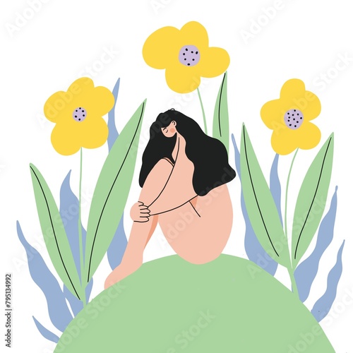illustration of a stunning young woman surrounded by vibrant flowers, emanating an aura of solitude and contemplation