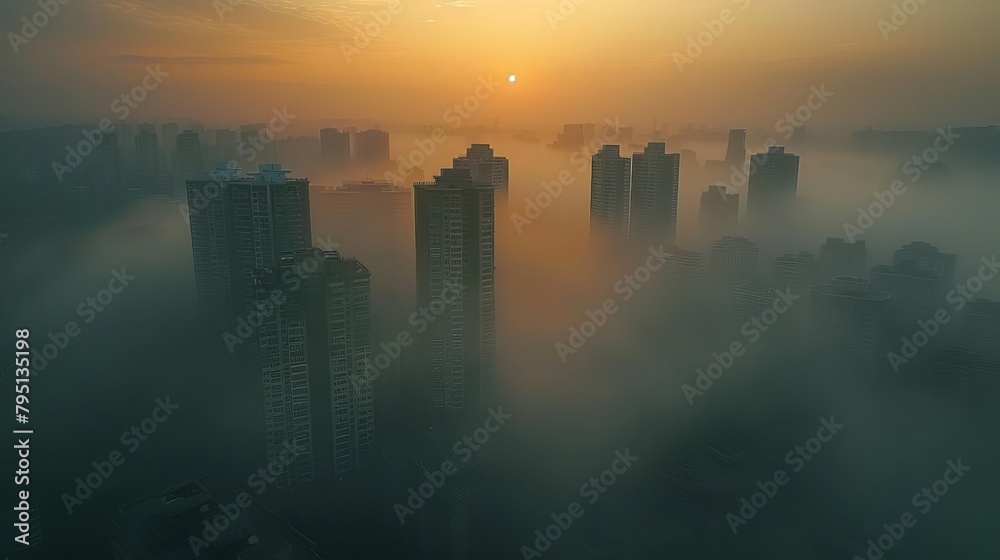 An aerial view of a foggy cityscape at sunrise.