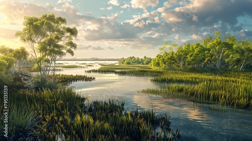 A thriving coastal ecosystem with mangroves, marshes, and tidal flats