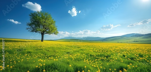 a lone tree on mustard yellow field with blue sky springtime background, beautiful nature peaceful place, Generative Ai photo
