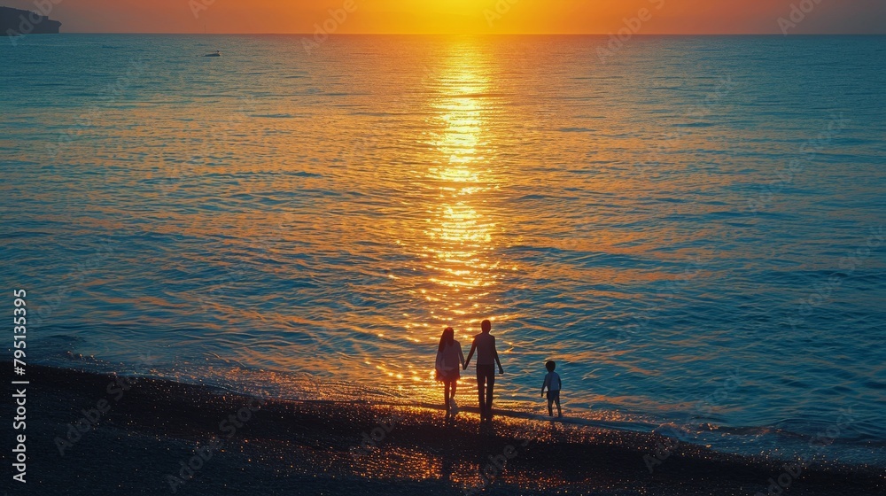 Group of People Walking Along Beach at Sunset