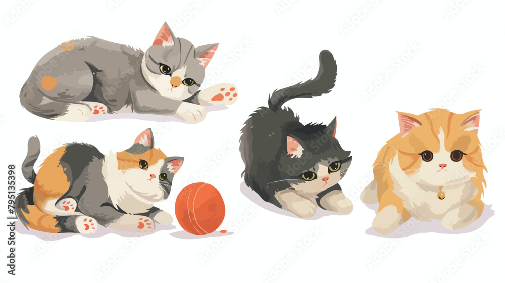 Set of Four funny cats of various breeds lying sittin