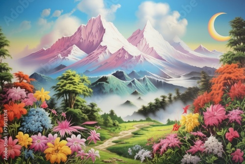 A flower mountain landscape art outdoors painting. photo