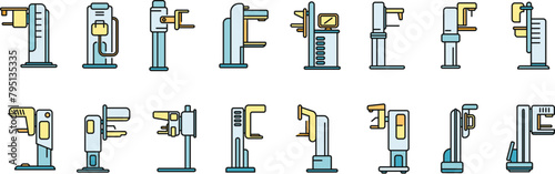 Mammography machine icons set outline vector. Analyzing breast. Cancer care thin line color flat on white