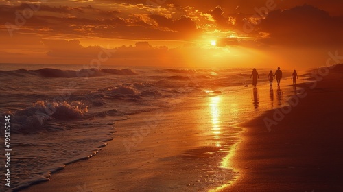 Group of People Walking Along Beach at Sunset