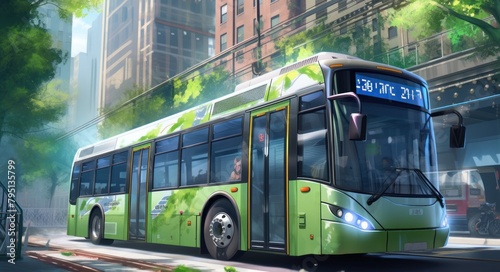 Green bus on the street in the city. 3D illustration. Sustainable energy. Electric vehicle. Green Energy Concept with Copy Space. 