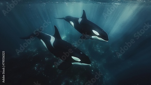 Orcas killer whales underwater in dark sea. © PaulShlykov