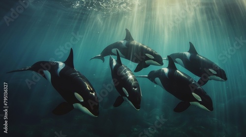 Orcas killer whales underwater in dark sea.
