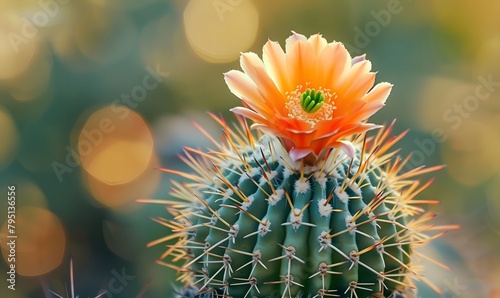 cactus with numerous small spines on its head and a vibrant orange blossom, Generative AI  photo