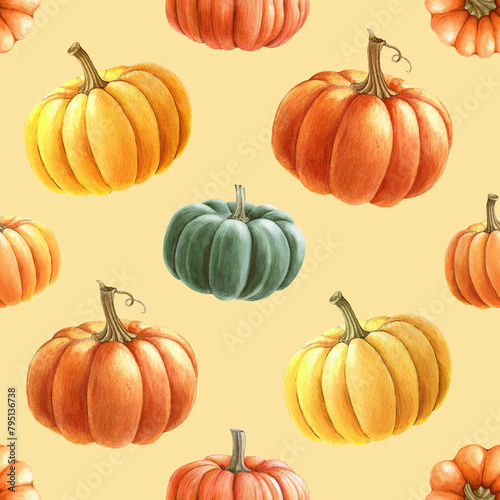 Bright pumpkins seamless pattern. Watercolor painted illustration. Hand drawn ripe orange autumn harvest pumpkin decoration. Thanksgiving and halloween bright seamless pattern element