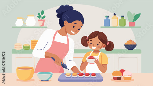 A mother and daughter bake macarons at the kitchen island using a gourmet meal kit with premeasured ingredients to create the perfect delicate and.