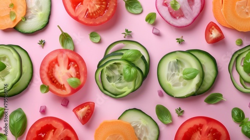 Different sliced vegetables on pastel background