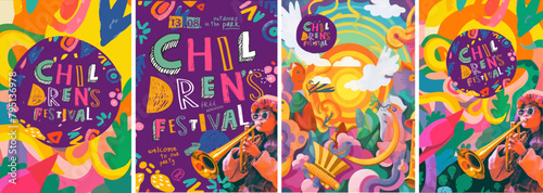 Music сhildren's Festival. Vector illustration for a holiday, cute children's drawing, bright abstract shapes, saxophonist girl for a poster, card or background.	
