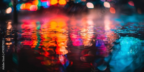 a water with lights in the background