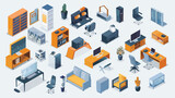 Set of vector isometric office interior elements