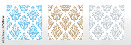 Wallpapers in the style of Baroque. Seamless vector backgrounds. Set of colored floral ornaments. Graphic patterns for fabric, wallpaper, packaging. Ornate Damask flower ornaments