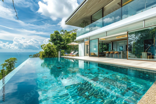 A modern house with floor-to-ceiling windows that open up to a stunning infinity pool. © Ateeq
