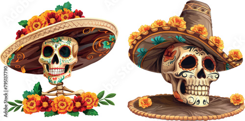 Dia de muertos mexico national remember symbol, sugar catrina skull marigold petal sombrero mexican