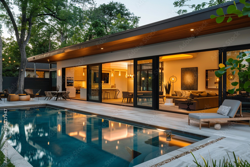 A modern house with large sliding glass doors that open up to a picturesque backyard with a swimming pool.
