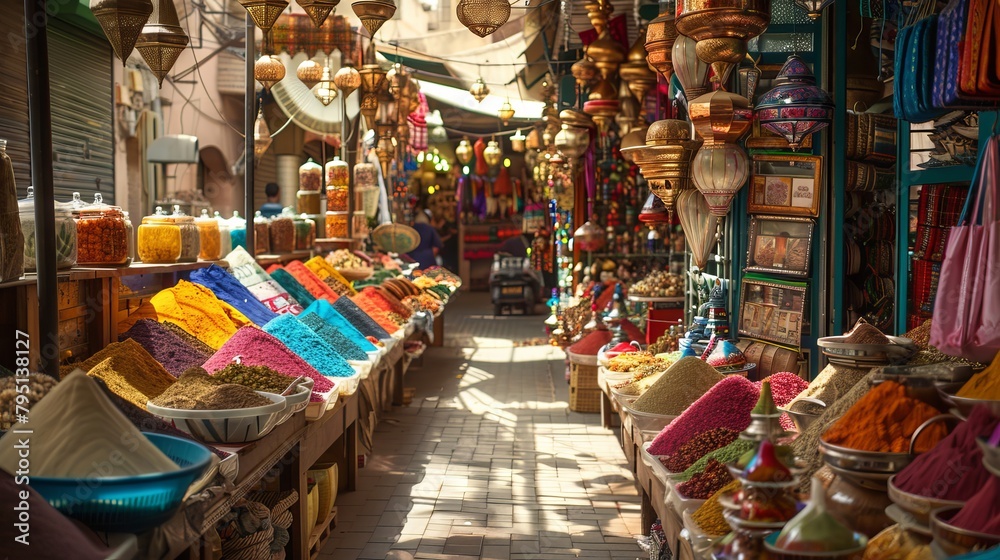 A vibrant street market alive with the sights, sounds, and smells of exotic spices and textiles