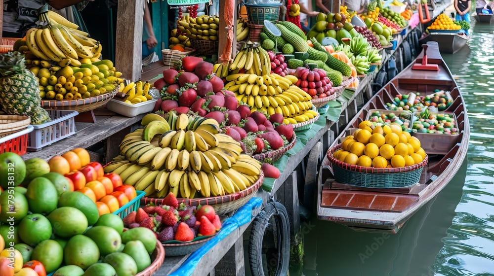 A vibrant Thai floating market with vendors selling fresh fruits, vegetables, and souvenirs