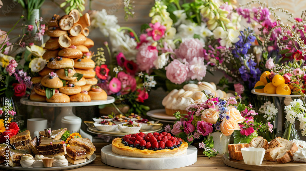 A mouthwatering brunch buffet featuring an array of savory quiches, fluffy pancakes, and decadent pastries, set against a backdrop of blooming flowers.