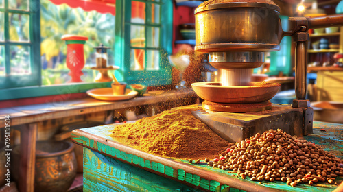 Spices being ground in a traditional mill, vivid colors, aromatic environment - (3) photo