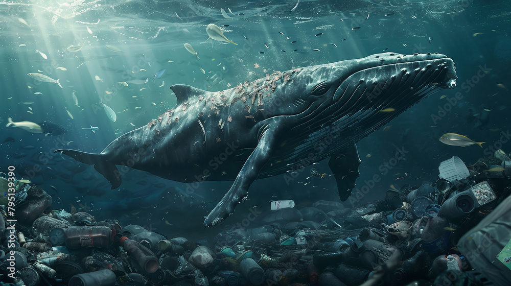 Fototapeta premium whale swims among garbage. Environment pollution problem.